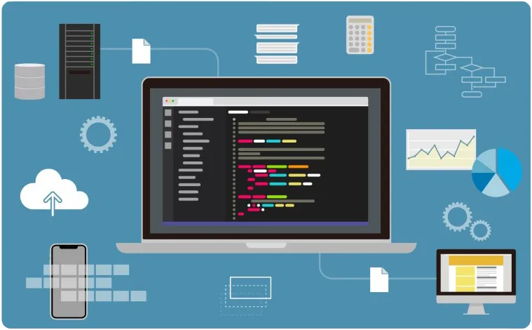 ノートパソコン画面上のプログラミングコードと、周囲に配置されたクラウド、データベース、グラフなどのアイコン。メリウステックの幅広いITサービスを表現