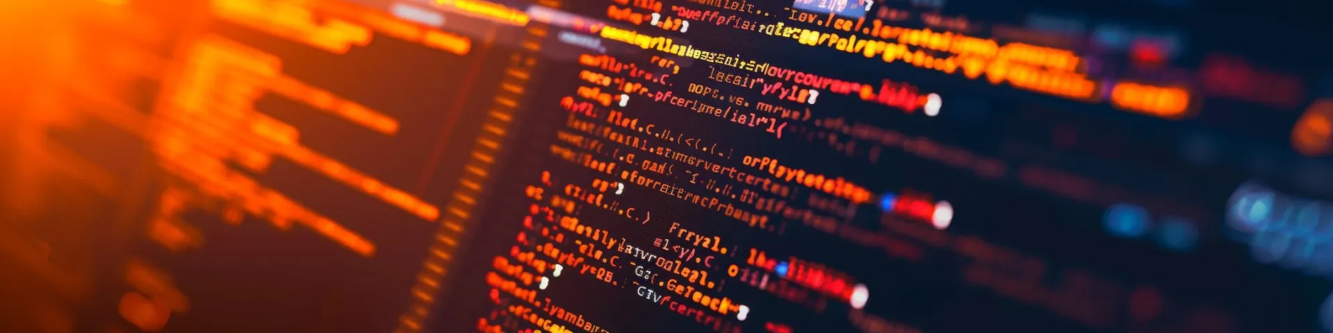 オレンジ色に輝くプログラミングコードの画面。複雑なアルゴリズムと高度なプログラミング技術を表現し、メリウステックの専門的なITサービスを象徴